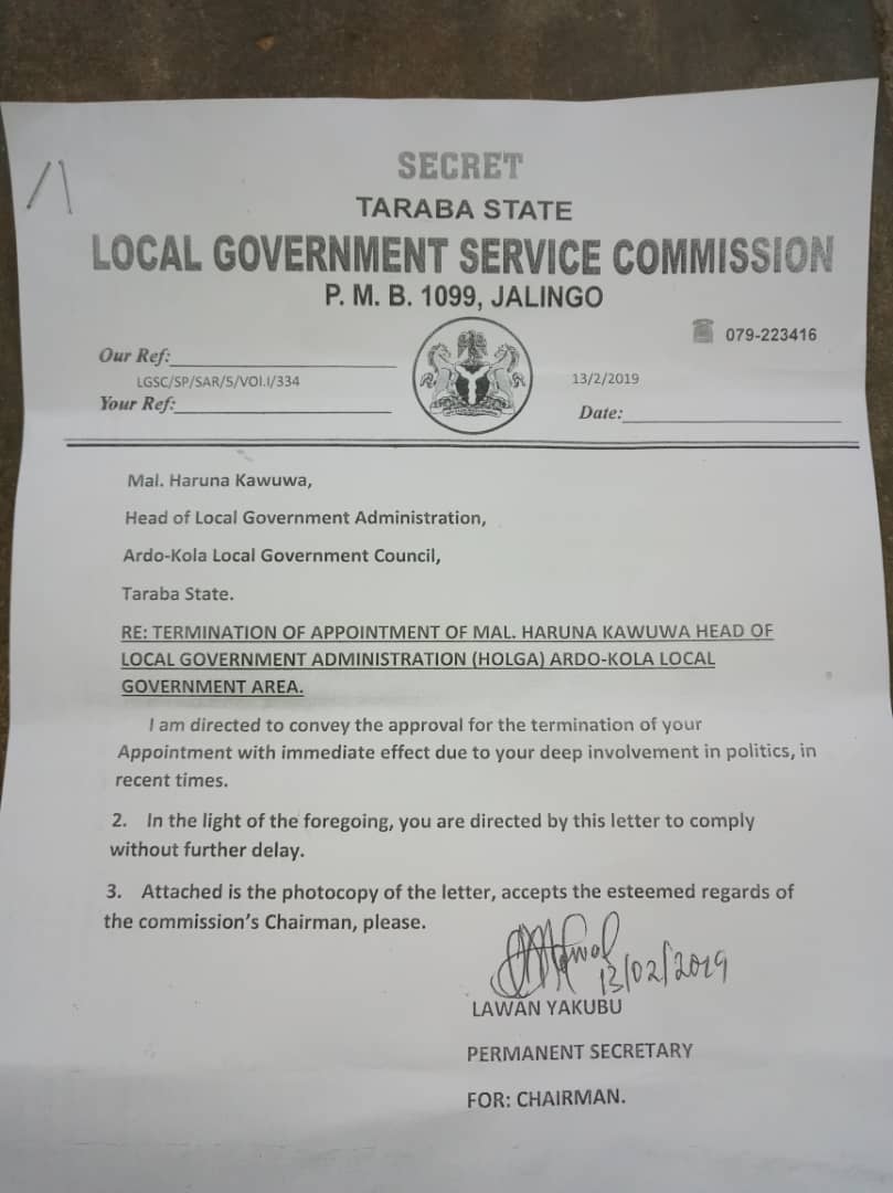 Abdulrahmanleme's tweet photo. Six days after @MBuhari APC rally in Taraba state, Governor Darius Ishaku has directed the termination of appointment of Alhaji Haruna Kawuwa, who lost his wife in the stampede at Jalingo stadium. #Vindictiveness. #PMBinTaraba. https://t.co/9yPlp7NiAE