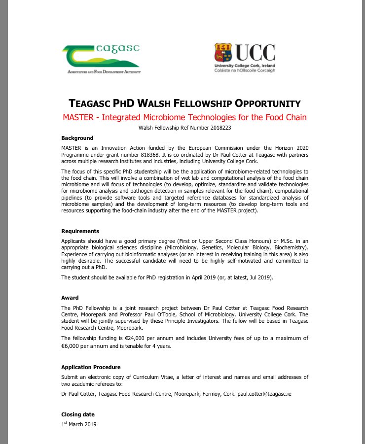 pauldcotter's tweet photo. 2 exciting PhD positions to be filled within our group at @teagasc in collaboration with @UCCResearch as part of the @MASTER_IA_H2020 EU project. Great chance to work with partners from industry as well as global leaders in the microbiome field https://t.co/SnEtvLRIOj