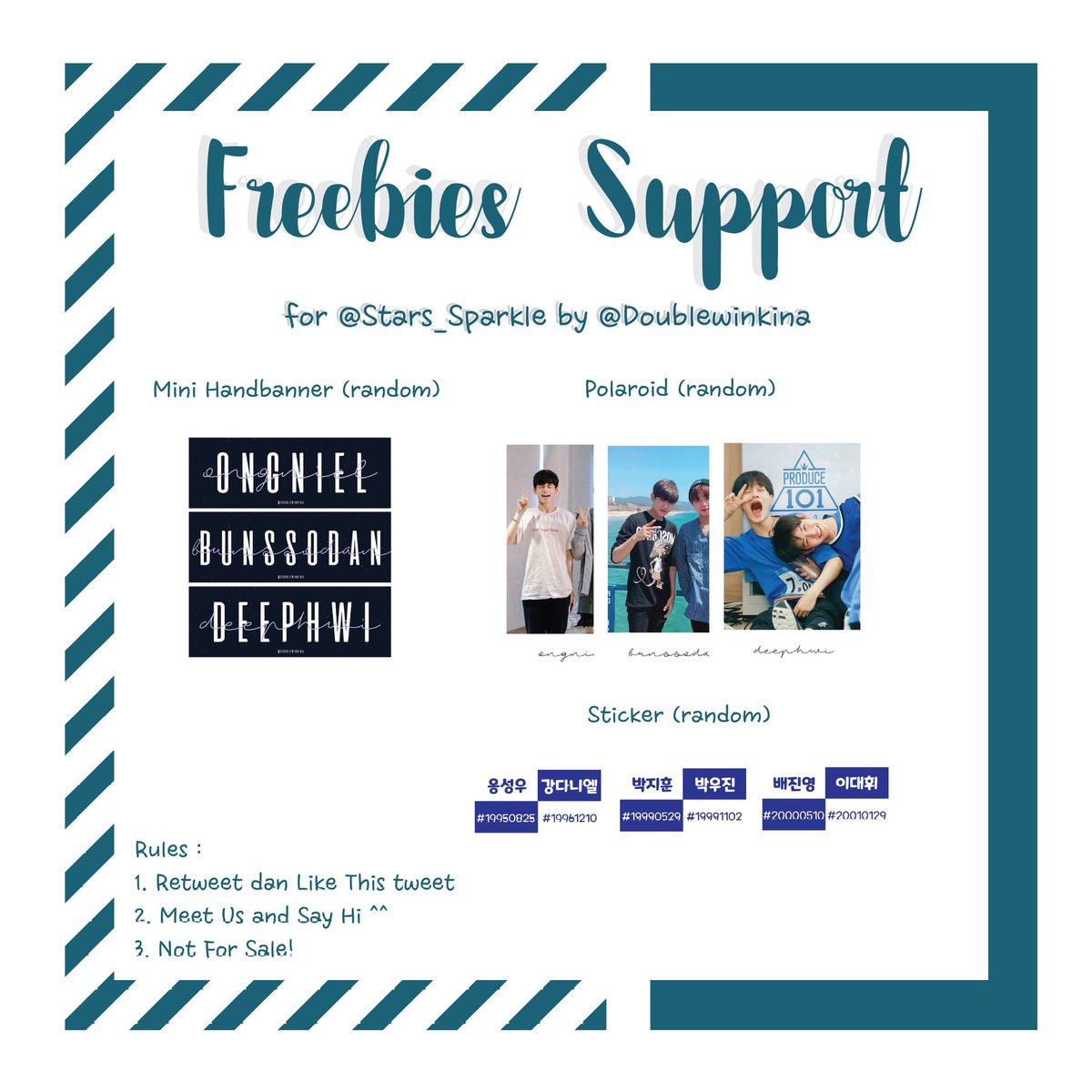 itsyourtimebee's tweet photo. [HELP RT]

Hi, are you ready to come to @stars__sparkle
I will come and I will give a freebies 

Rules: see on the pic below
Limited Stock 
See you ^^

#stars__sparkle #wannaone #워너원 #옹성우 #강다니엘 #박우진 #박지훈 #배진영 https://t.co/CYhg1CTmC7