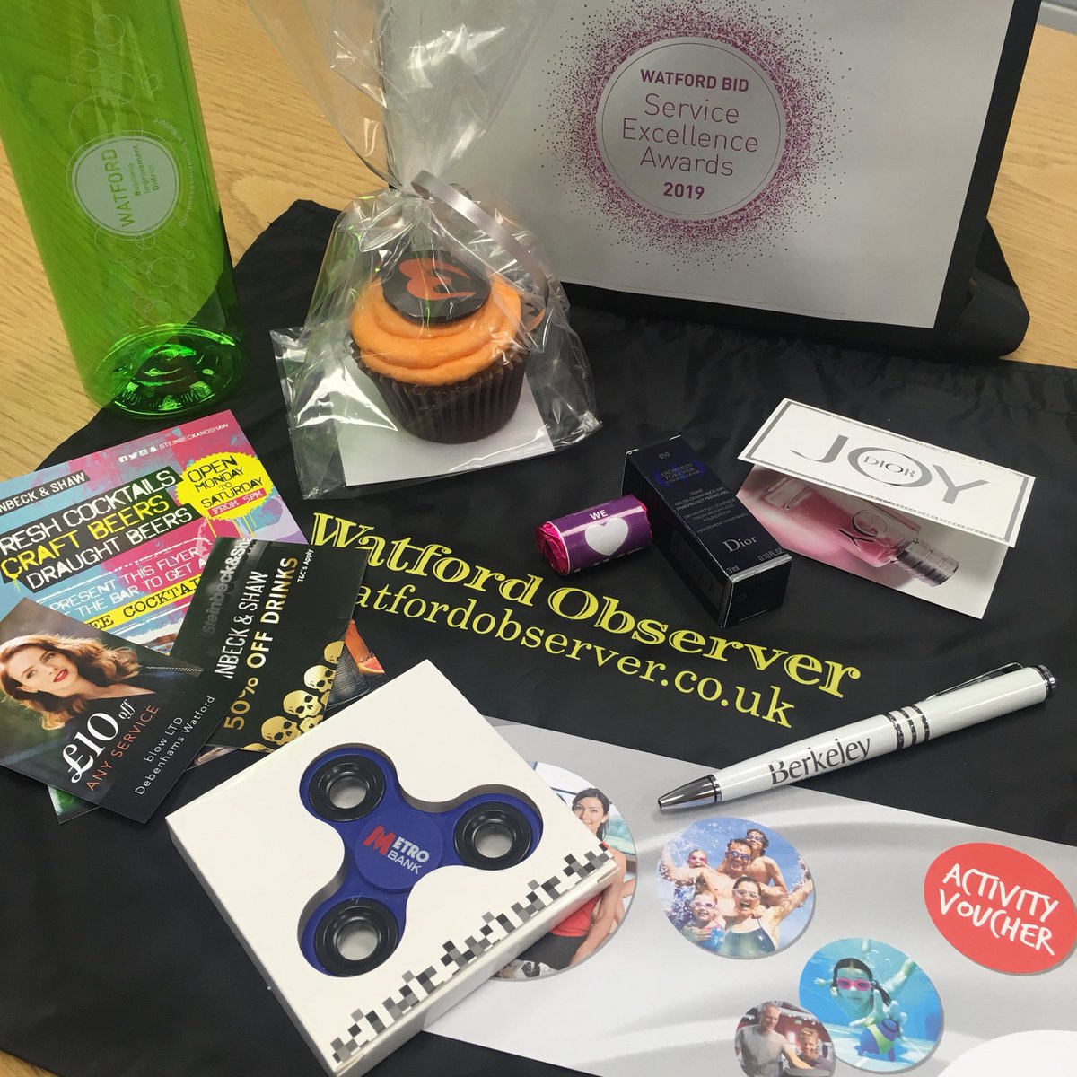 Thank you to the businesses that supplied goodies for gift bags at #Watford BID Service Excellence Awards:
<a href="/Metro_Bank/">Metro Bank</a> 
<a href="/BerkeleyGroupUK/">Berkeley Group</a> 
<a href="/Wenzelsthebaker/">Wenzel's</a> 
<a href="/steinbeckwat/">Steinbeck & Shaw</a> 
<a href="/PRYZM_Watford/">PRYZM Watford</a> 
@dior &amp; @blowLTD at @debenhams
<a href="/WfordColosseum/">Watford Colosseum</a> 
<a href="/Observer_Owl/">Watford Observer</a> 
<a href="/EveryoneActive/">Everyone Active</a> 
<a href="/sainsburys/">Sainsbury's</a>