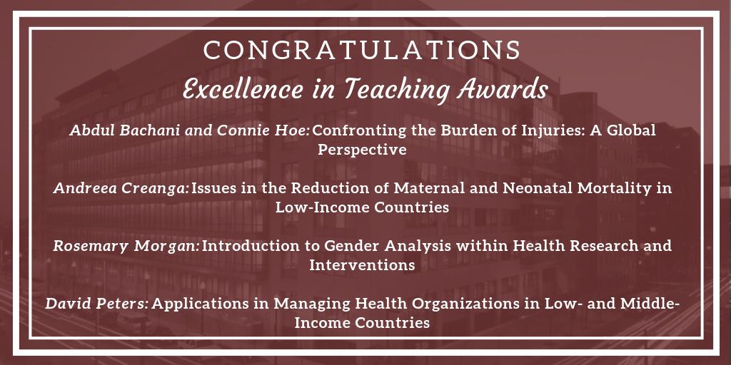 JohnsHpkinsCIRP's tweet image. RT HopkinsINJURIES &quot;RT HopkinsIHHS: Excellence in Teaching Awards are out! Congratulations to Health Systems faculty for their excellent course ratings for the 1st and 2nd term! abachani1 conniehoe1 RosemaryJMorgan. The #GenderAnalysis course will al… https://t.co/ptPjM6XcIe&quot;