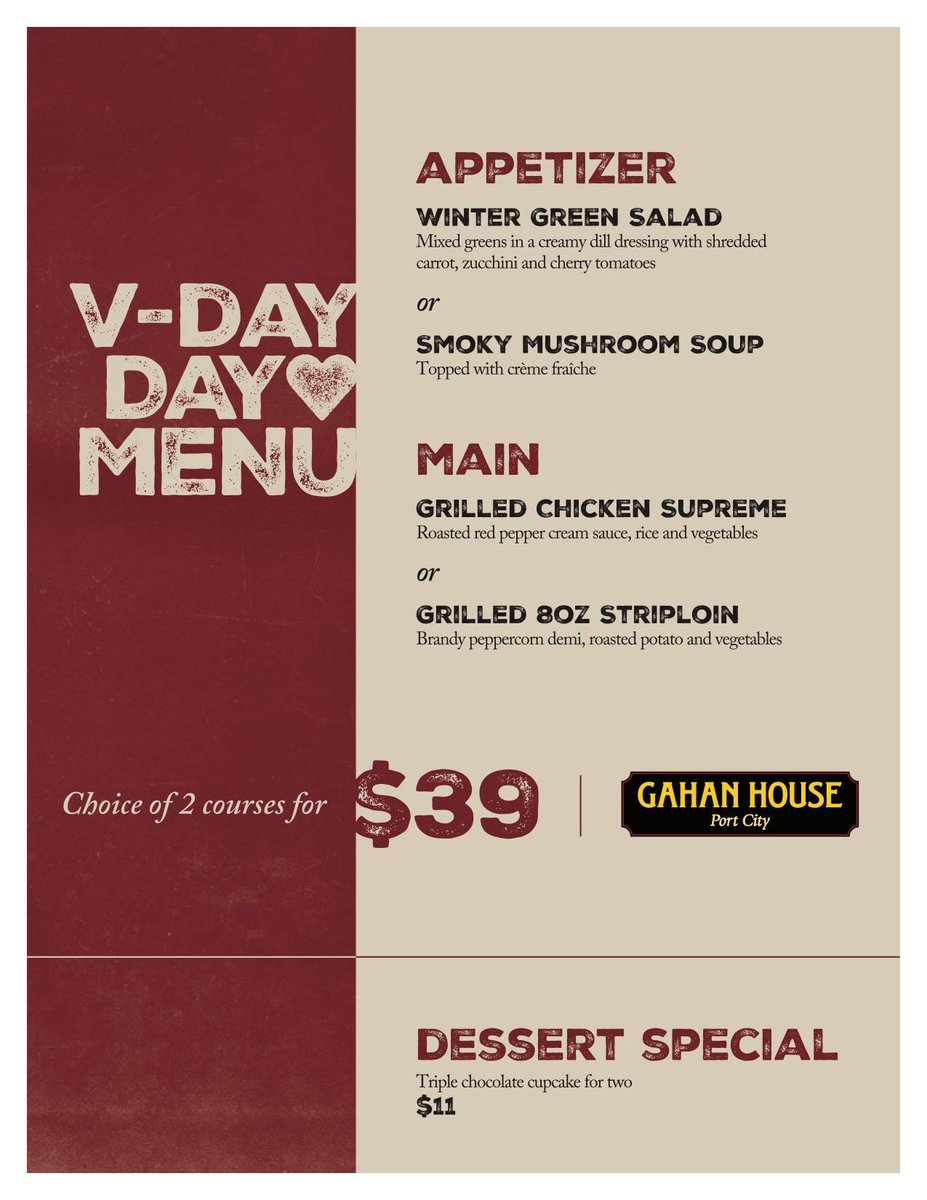 Treat your Valentine to dinner with us!
Give us a call to reserve your spot, 506-214-8337.