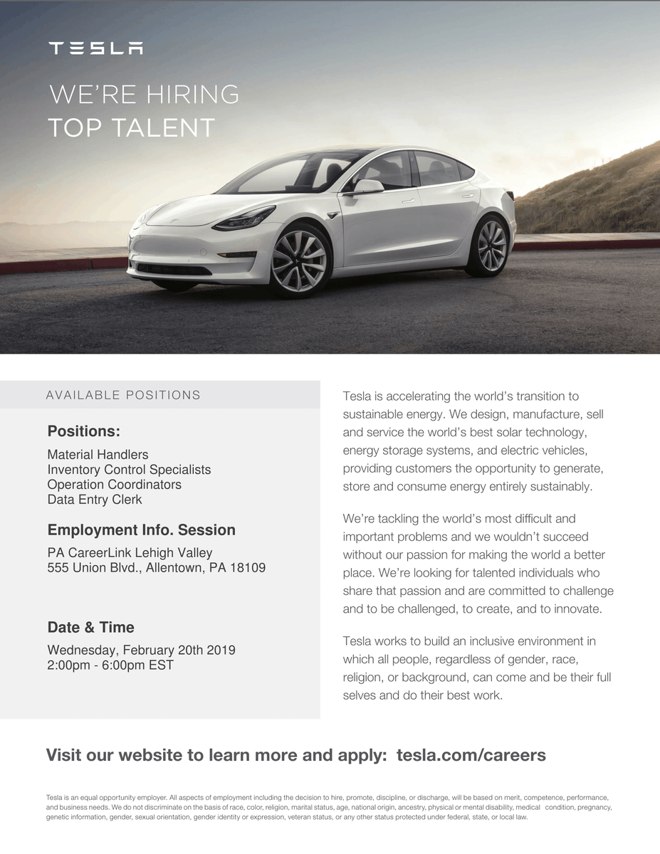 PACareerLinkLV's tweet image. #Tesla is hiring for several positions in Bethlehem, PA! If you are interested, click on the flyer for all the details and make sure to attend their information session at our office on February 20. #PAworkforce #jobsearch