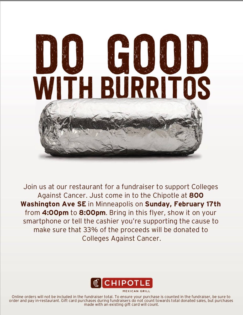 Colleges Against Cancer Chipotle fundraiser is this Sunday from 4pm-8pm! Go get your favorite meal AND help a great cause:)