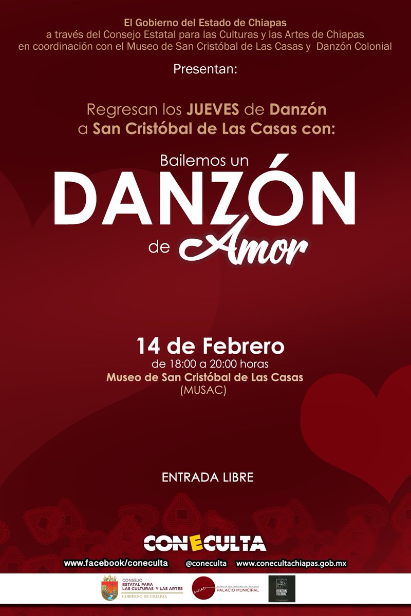 ¿Sabías que regresaron los jueves de Danzón a San Cristóbal de Las Casas? Para celebrar este 14 de febrero te invitamos a bailar un Danzón de Amor; te esperamos en el MUSAC de 6:00 de la tarde a 8:00 de la noche. ¡¡No faltes!! #ConecultaInvita