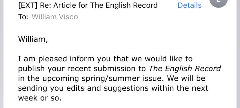 The_Visco's tweet image. So, cool news as I will be getting two articles published in the near future. One in the Spring/Summer in The English Record (New York’s English Council Journal) and one in the Fall/Winter in the TCTELA Journal. Very exciting. #published #grateful #docstudent @UNT_COE