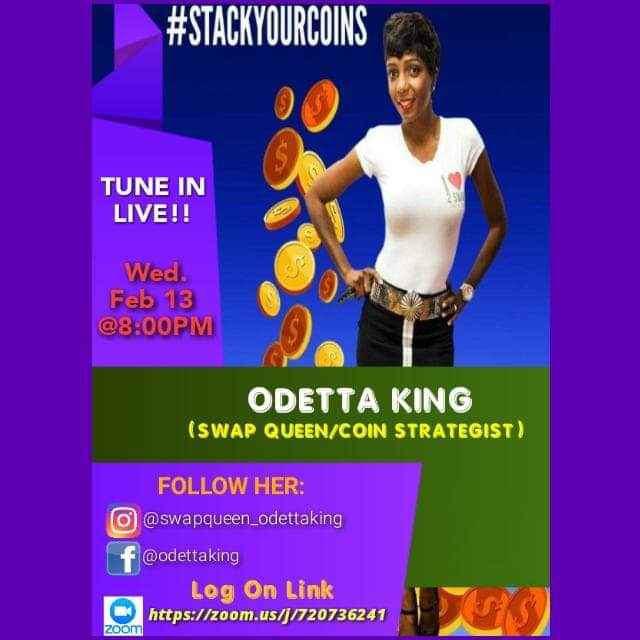 LotusProjects's tweet image. TODAY!!!
Wednesday, February 13, 2019 @8PM EST 
I will have Swap Queen &amp;amp; Coin Strategist Odetta King on the Aisha Speaks Jade Podcast. Got a question? Leave it in the comments!  
Click On This Link
zoom.us/j/720736241