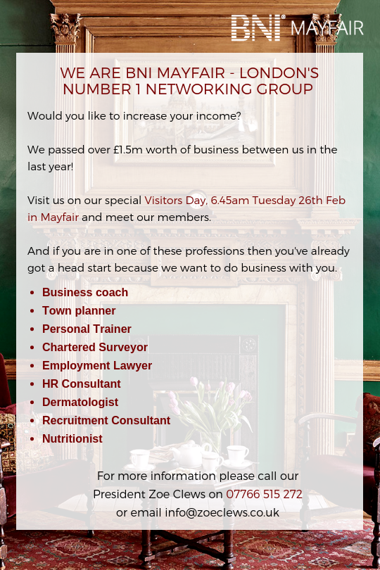 MayfairBni's tweet photo. BNI Mayfair are holding a Visitors Day Tuesday 26th February. Please do share with fellow businesses &amp; business owners - we'd love to welcome you!

#bnimayfair #visitorsday https://t.co/HBBpEZQRtm