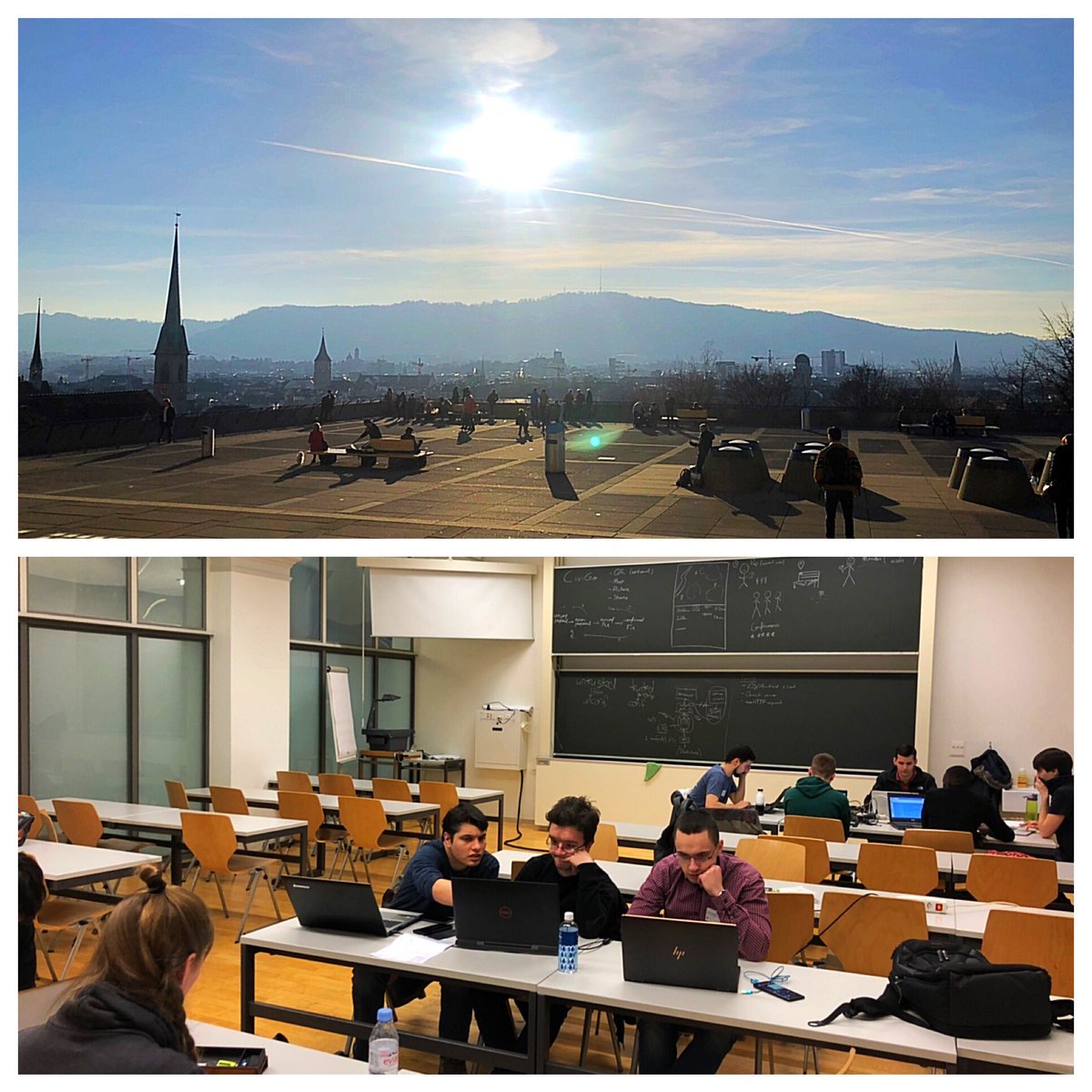 StefanSchose's tweet photo. Contrasts of a #hackathon. Wonderful #Zurich winter weather outside and our super dedicated students inside. Thanks for the commitment! @futurict2 @WWF_Schweiz @EnergieSchweiz #BETH19 https://t.co/Iob6irtv5v