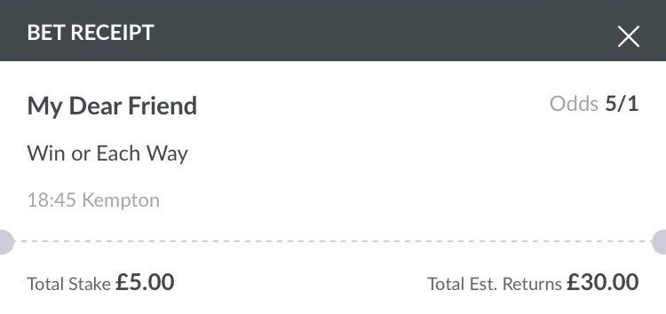 Another bet for tonight!
Good luck to everyone having a go at #kempton this evening. <a href="/BetPragmatic/">First Past The Post</a> #bettingtips #beatthebookies