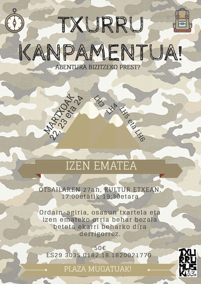 Elkarbizitzak antolatzen hasiak gara!  Aurten aldaketa batekin gatoz, Txurruka aterpetxera joango gara martxoaren 22, 23, 24ko asteburuan.

Izen-ematea otsailaren 27an izango da kultur etxean, arratsaldeko 17:00tatik 19:30etara.

PLAZA MUGATUAK izango dira!