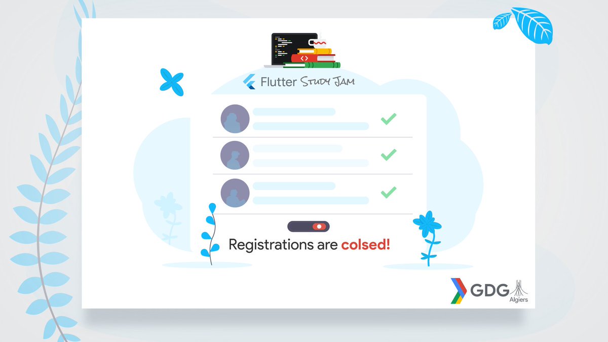 GDG_Algiers's tweet image. Oups! 🤭
Registrations for our @flutterio Study Jam are closed now! 
For those who registered, wait for a confirmation email 😃

#FlutterStudyJams #flutter #SudyJams2019 #StudyJams #Google #GDGAlgiers #GDG