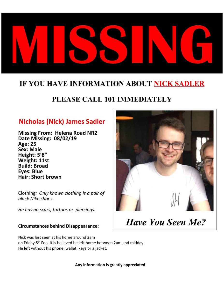 K_Houston72's tweet photo. #HelpFindNick
Please Retweet to help find my friend Nick β€
Anybody who has seen Nick or knows of his current whereabouts should contact Norfolk Police immediately on 101 quoting CAD 22 of Sunday 10 February 2019. https://t.co/IE3e4o5qhy