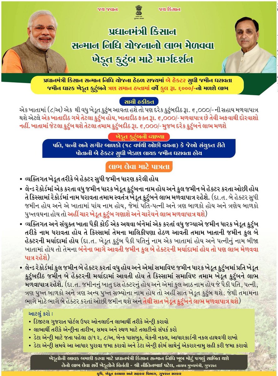 CollectorAhd's tweet photo. #PMKISAN yojana for farmer families who contains cultivable land upto 2 hactares. Take a view of the scheme..
@pkumarias @CMOGuj https://t.co/oTK2R6wQpW