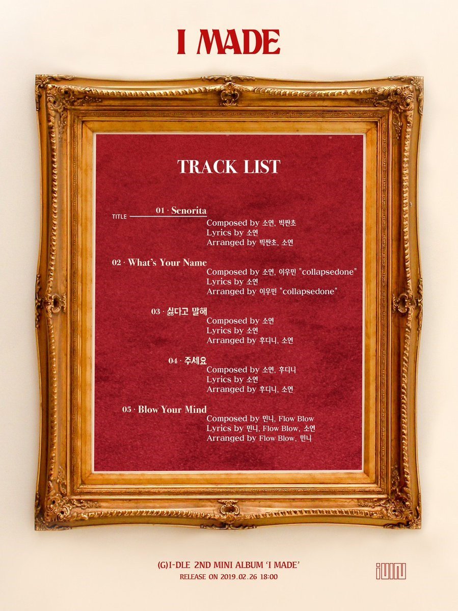 ktigerradio's tweet photo. Saranno cinque le tracce del minialbum "I MADE" delle @G_I_DLE che uscirร il prossimo 26 febbraio. Ecco la tracklist:
#GIDLE #GIDLE #G_I_DLE #g_i_dleiscoming @G_IDLEITALIA #imade #minialbim #tracklist #cubeunited #girlgroup #kpop https://t.co/tJiD9DXRsr
