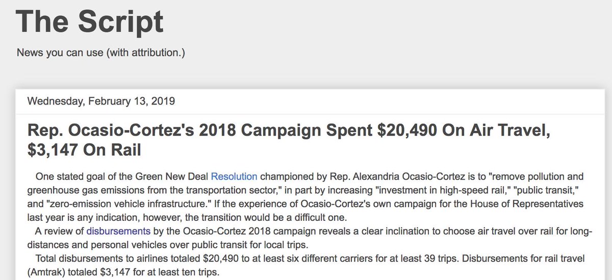 __TheScript__'s tweet photo. New from The Script:
Rep. Ocasio-Cortez's 2018 Campaign Spent $20,490 On Air Travel, $3,147 On Rail by @jerylbier
https://t.co/TtIqUVNVO0 https://t.co/irk2Fbly5r