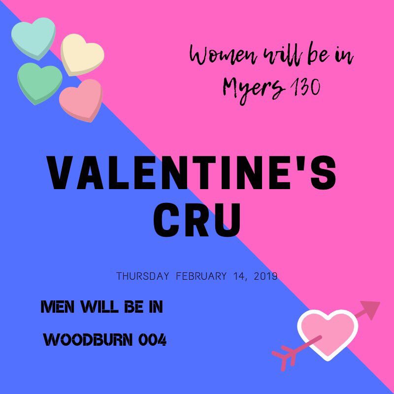 CruAtIU's tweet photo. It may be V-Day but Cru is splitting up. Make sure you know where to go!
Women: Myers 130
Men: Woodburn 004 https://t.co/2a5yVfDTS1