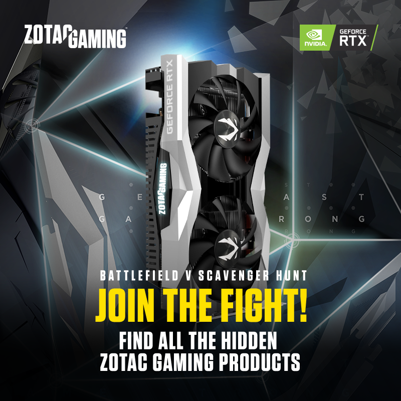 ZOTAC's tweet photo. Love finding things? Enter The #BattlefieldV #ScavengerHunt #Giveaway for your chance to win a #ZOTACGAMING GEFORCE GeForce #RTX2060! 🔎 https://t.co/wsnvBrW96G
➕ receive Battlefield V &amp; #Anthem when purchasing a #RTX #2080 or #2080Ti 🔥 https://t.co/cbJooNu6qS 
#NVIDIAGeForce https://t.co/wp7xuQFpq7