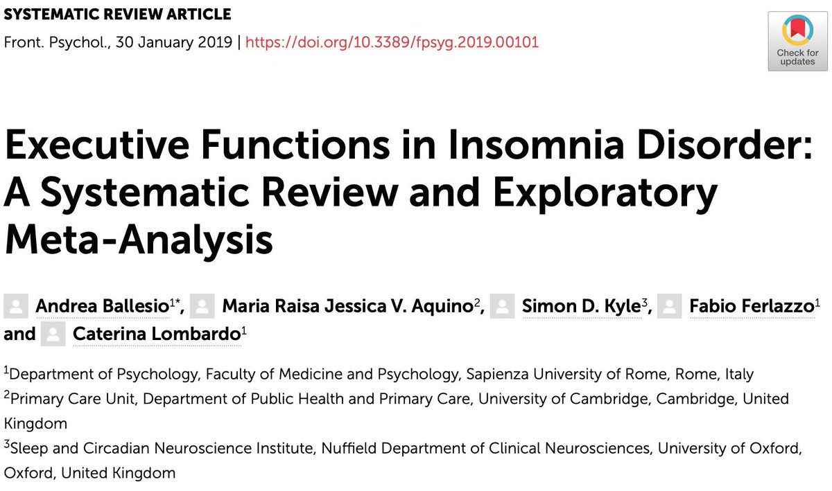 #ExecutiveFunctions in #Insomnia Disorder: A #SystematicReview and Exploratory #MetaAnalysis 

Ballesio et al., 2019 (@SapienzaRoma/@OxSCNi/@PCU_Cambridge)

A summary: