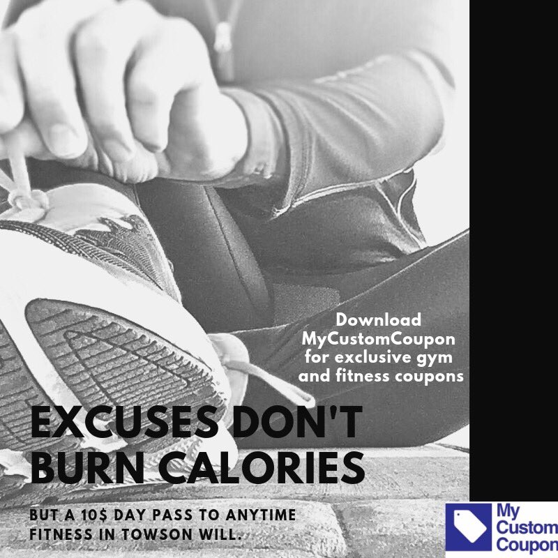 No excuses. 🙅🏼‍♀️ Get into the gym today at low, low rates when you download #MyCustomCoupon on the App ow.ly/n4BB30f6pVU and Google Play Store: goo.gl/BEm6AT today for access to exclusive coupons like this in the Maryland area!