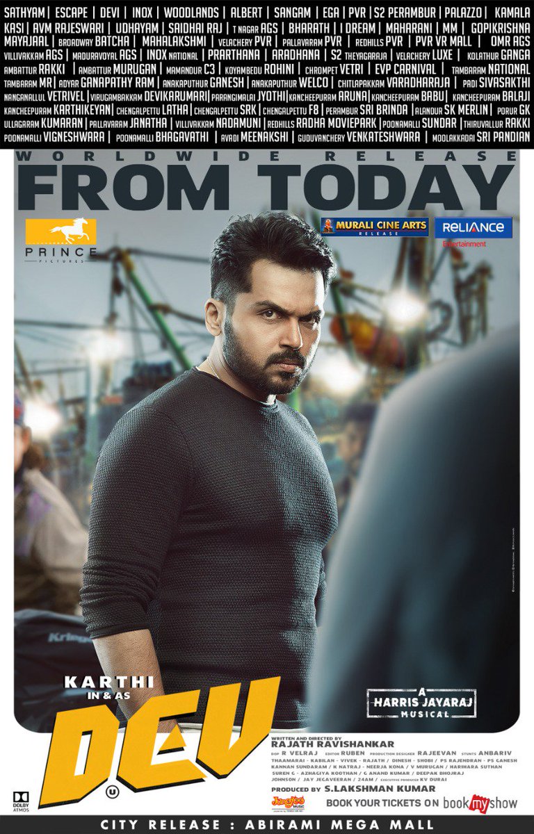heytamilcinema's tweet image. DEV, gearing up for a grand release tomorrow. Book your tickets now  ➡ bookmy.show/DevFilm 
 #DevFromFeb14 
#DevFromTomorrow @Karthi_Offl @Rakulpreet @RajathDir @lakku76 @RelianceEnt  @LightHouseMMLLP @SunTV @DuraiKv #MuraliCineArts