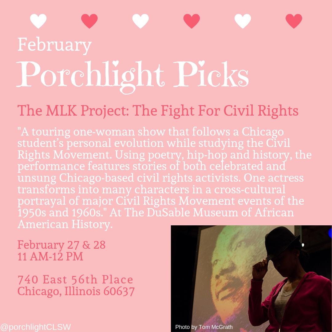 PorchlightCLSW's tweet photo. #PorchlightPicks for February! This month we've got a performance, a blog, and a documentary. We hope you enjoy these picks as much as we did.
xoxo,
Porchlight 💌💘💌
#weareher #dusablemuseum #blackhistorymonth #porchlightcounselingservices #therapy #counseling #chicago https://t.co/GADS6p2dbh