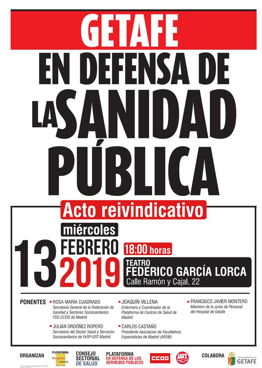 Masivo acto en  #Getafe en el comienzo de la campaña en defensa de la #SanidadPública 
<a href="/CCOOMadrid/">CCOO de Madrid</a> 
<a href="/surugtmadrid/">UGT SUR MADRID</a>