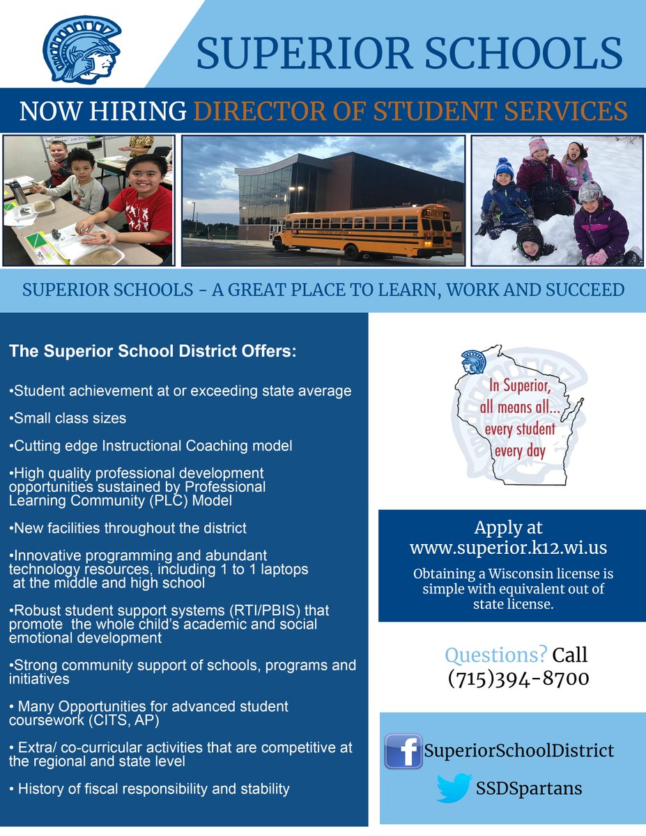 SSDSpartans's tweet photo. The Superior School District is hiring a Director of Student Services. Apply online at : https://t.co/oFytJWWcml https://t.co/imXf5L7DAD