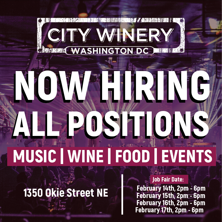 CityWineryDC's tweet photo. City Winery DC's job fair continues this week! Bring your resume and apply in person for all positions from February 14th - 17th. We look forward to meeting you soon. #jobs #dcjobs #hiring #dchiring #hiringnow #allpositions #pineappledc #ramwdc .@RAMWdc https://t.co/oRSOVbkPAA