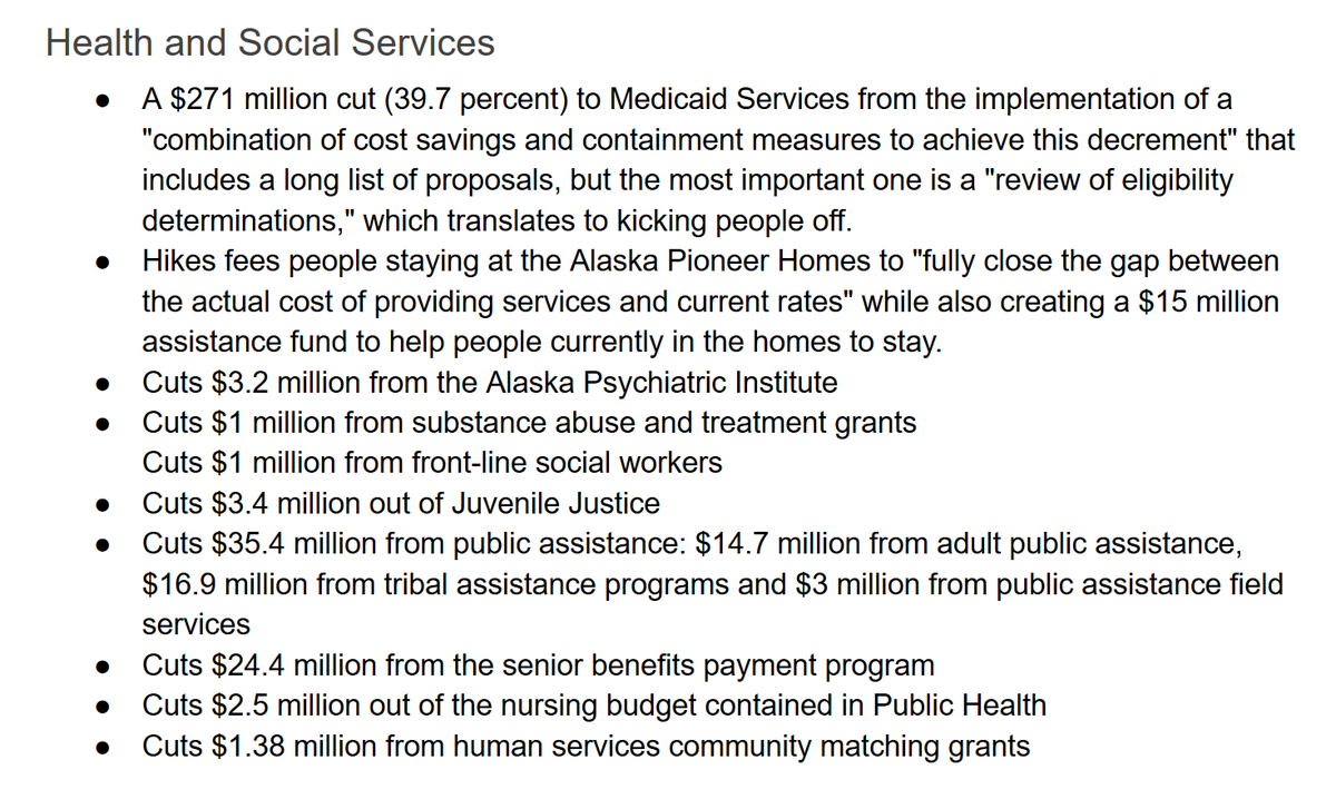 mattbuxton's tweet photo. Doing a quick rundown of the budget impacts on various departments. In HSS there's a $271M Medicaid cut, fee hikes so Alaska Pioneer Homes pay for themselves, $24.4 million cut to senior benefits (which Dunleavy's seeking to repeal). #akleg #akgov https://t.co/NJkDNGa6mb
