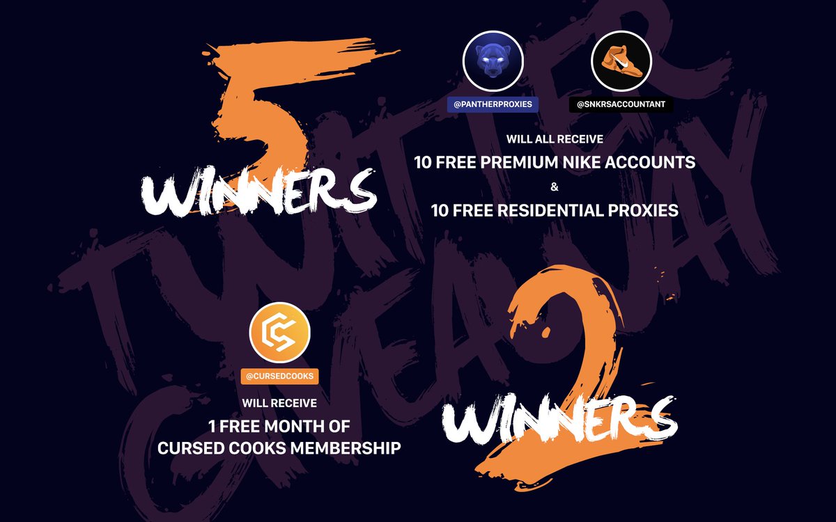 🚨🥳🚨 GIVEAWAY 🚨🥳🚨 5 Winners Will Receive • 10 Free Premium Nike Accounts • 10 Free Residential Proxies For Any Drop 2 Winners Will Receive • 1 Free Month of Cursed Cooks Membership RETWEET & FOLLOW @CursedCooks @PantherProxies @SNKRSAccountant TO ENTER ENDS 20TH FEB❤️