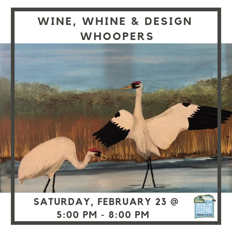 WhoopCraneFest's tweet image. Learn to paint—wine and snacks included! Create your own Whooping Crane painting to take home. Trace patterns and paint in simple steps guided by an artist. All materials, including a 16X20 canvas, brushes and paint provided #WFC19 @PortATexas