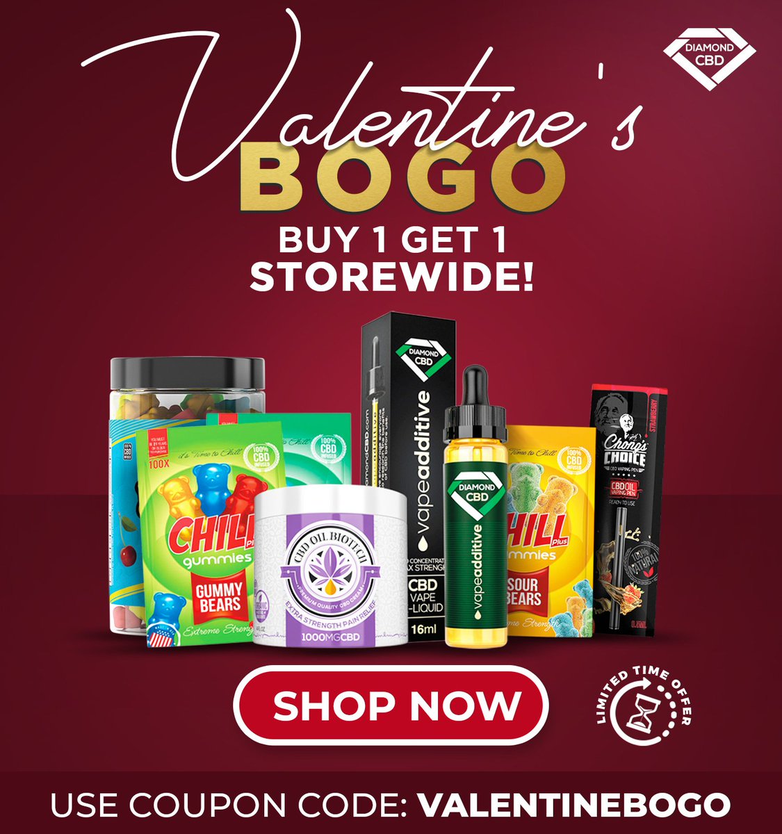askcbd's tweet photo. Our friend @diamond_cbd is hosting #Valentinesday store-wide BOGO. Check out their store and save 100% on your favorite #CBD by using the code VALENTINEBOGO. https://t.co/WVaL0JpuKB https://t.co/yJOSKw5j42