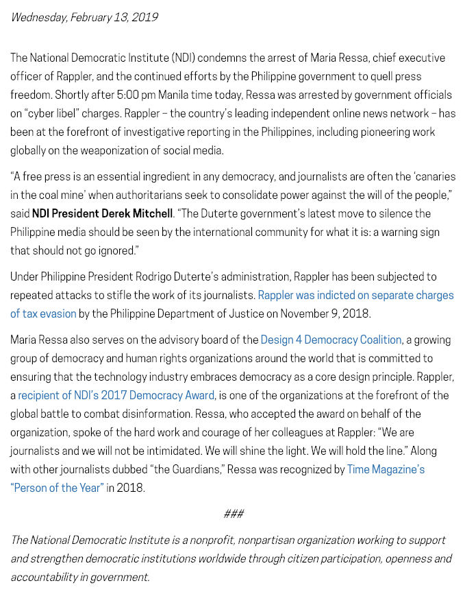 NDI condemns the arrest of @mariaressa, chief executive officer of @rapplerdotcom, and the continued efforts by the Philippine government to quell press freedom. https://www.ndi.org/publications/ndi-condemns-arrest-journalist-maria-ressa-continued-efforts-silence-philippine-media …