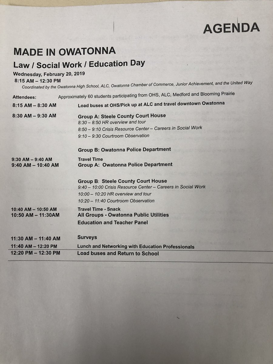 Made in Owatonna Day is scheduled for Wednesday, February 20. Great lineup in Law, Social Work, and Education. See Anisha, myself or any other Business Education teacher for a registration handout. Need them by next Monday. <a href="/ohsmagnet/">OHS MAGNET</a>