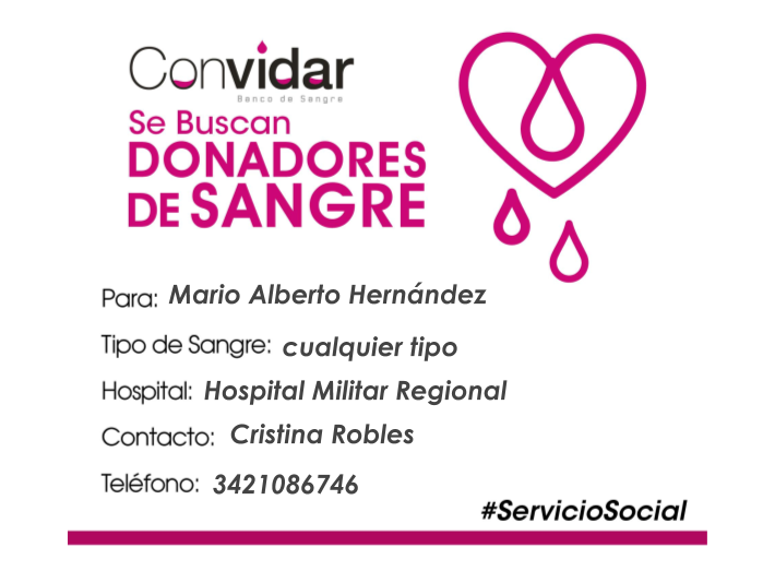 ConvidarBanco's tweet photo. ¡Solicitamos apoyo URGENTE!

Requerimos 3 donadores altruistas de cualquier tipo de sangre, para Mario Alberto Hernández, en Hospital Militar Regional, cama 26.

¡Compártelo y ayúdanos a ayuDAR! #GDL #ServicioSocial https://t.co/ZsiK7xCCuv