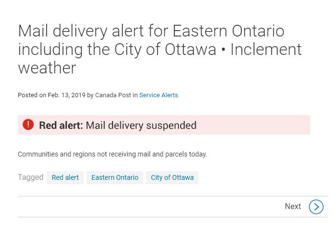 .@canadapost  suspends mail delivery for for #Ottawa and Eastern Ontario due to snowfall. #ottnews #OnStorm ottawa https://t.co/5rCJAtwWUF
