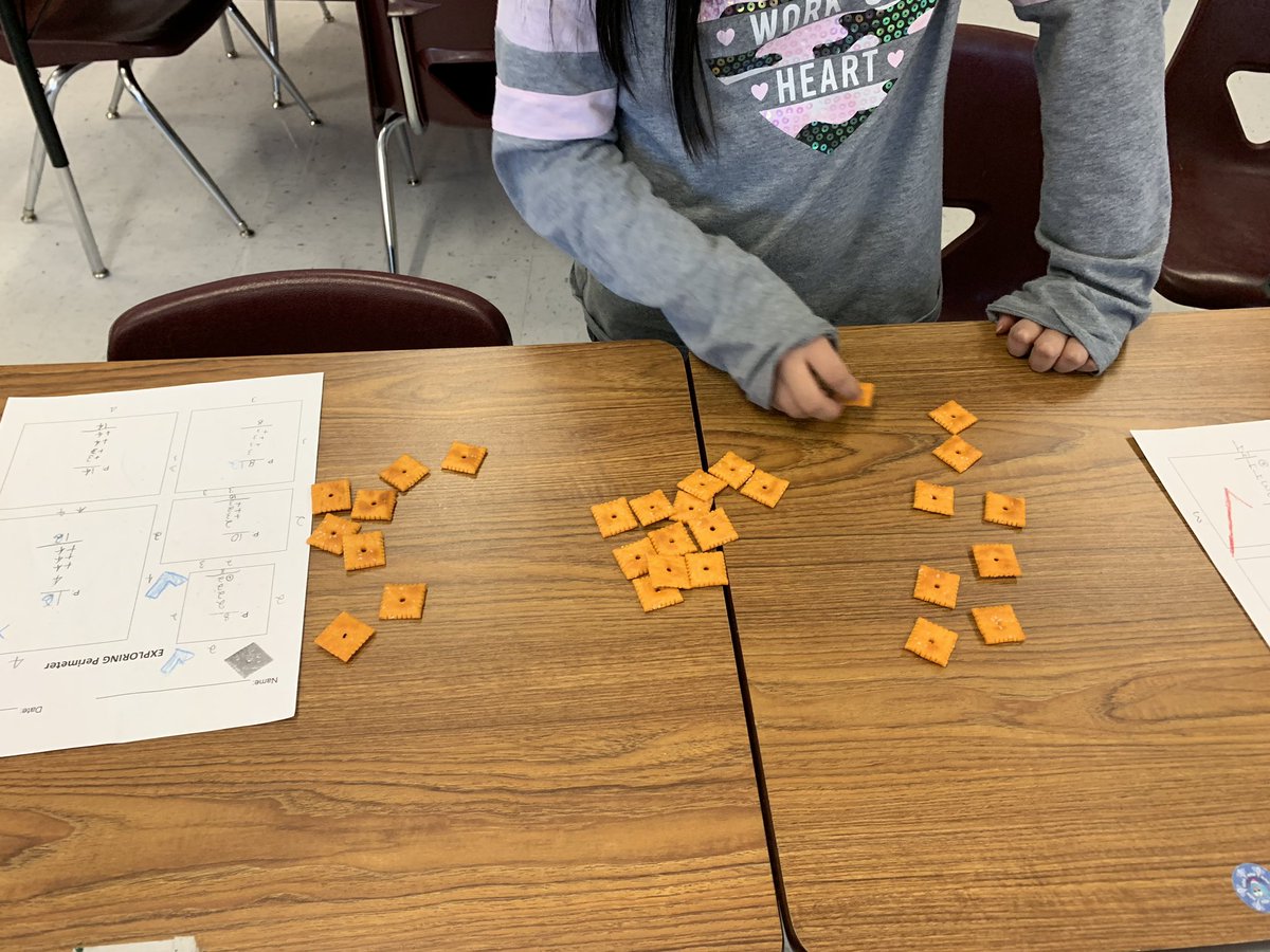 MsWessell's tweet photo. Last week we determined the area of polygons using @cheezit crackers.  Today we found the perimeter.  Then we reviewed division by equally sharing our Cheez It crackers.  @smithfarmes @VMSTheMathLady @MathAnyWay @wsfcs #lotsofmath #makingmathfun #handson https://t.co/0sGfijGYDe