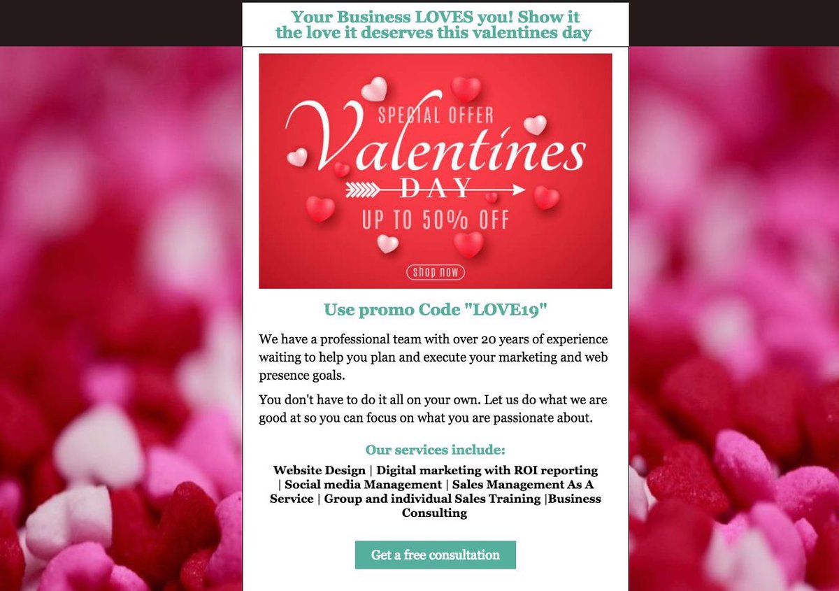 Therevenuehub's tweet photo. Show your business the love it deserves this Valentines Day. Get up to 50% off using the promo code "LOVE19" when signing up for a free consultation. #love #valentinesday #secretadmirer #loveyourbusiness #therevenuehub

Get a free Consultation at:
https://t.co/zgpFRZUgPA https://t.co/wjJbv0n0Ps