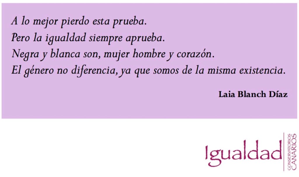 CPMLPGC's tweet photo. Frase ganadora del concurso frase/poema sobre la igualdad en la música.
#cpmlpgc #concursosobrelaigualdad #igualdadmusica https://t.co/L4Ln7jD9My