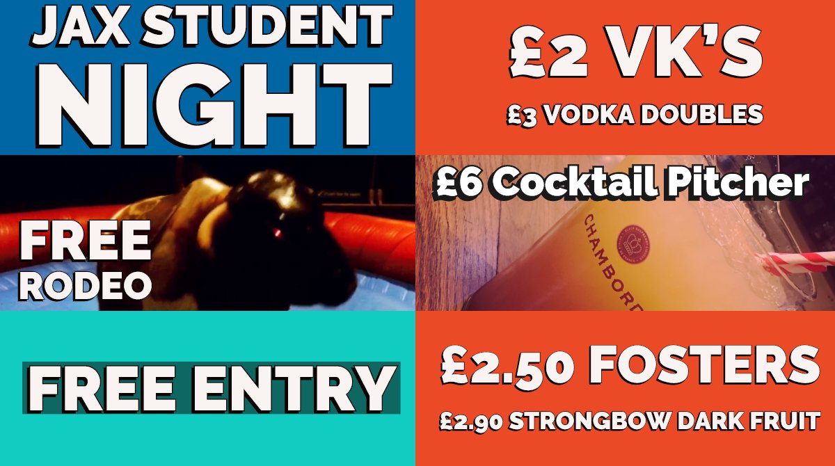 JaxClubGL1's tweet photo. Open from 8pm tonight!
We've heard you Students love Cocktail Pitchers and Dark Fruit?? Take a look below for some of our offers!
Free Entry and Rodeo for Students (age ID Required)
See you tonight!
#thisisJAX #StudentNight https://t.co/jAACwLL7kJ