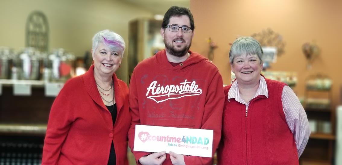 NDAD4YOU's tweet photo. Kyle Johnson of #GrandForks (center), with mom Deb (left) and aunt Jackie Nelson, invite you to say #countme4NDAD on Thursday (Feb. 14), which is Valentine's Day AND #GivingHeartsDay. Make NDAD your charity 2 love at https://t.co/GXNV1WfKzN. #countme Info: https://t.co/H7N2n3Pn4C https://t.co/swle38HsjL