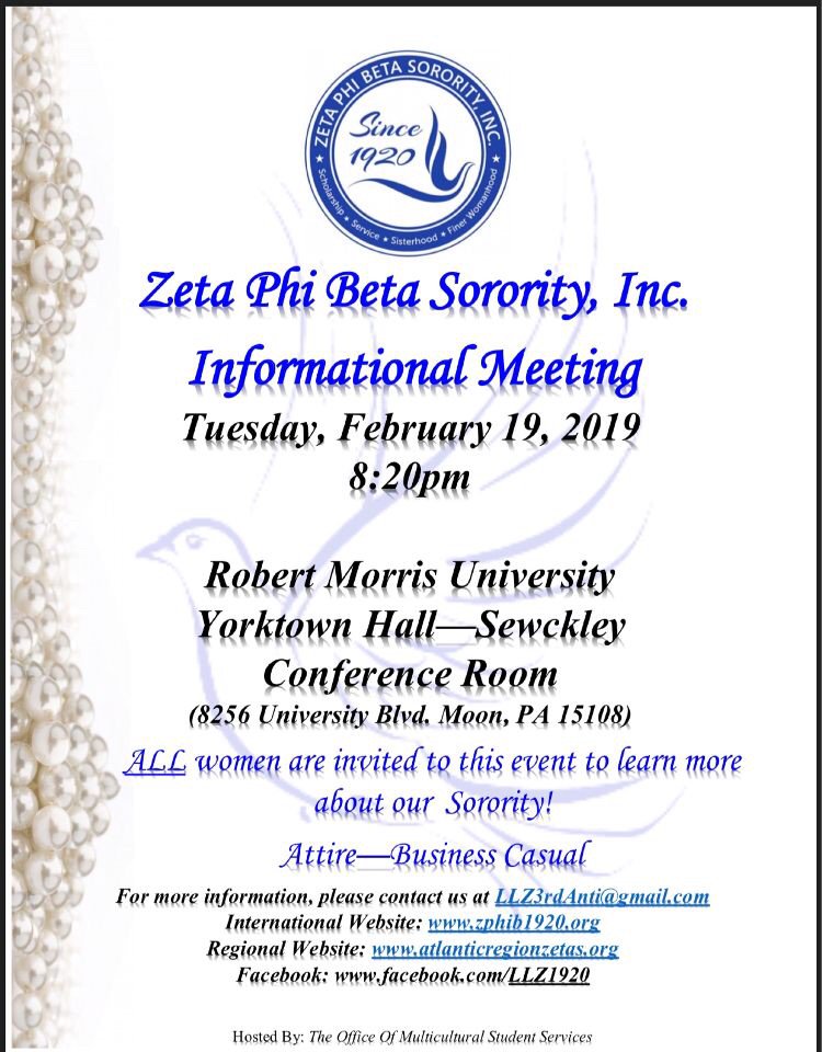 RMUlticultural's tweet photo. Come learn more information about Zeta Phi Beta Sorority, Inc. on Tuesday, February 19 at 8:20 pm https://t.co/T7drSh3BQZ