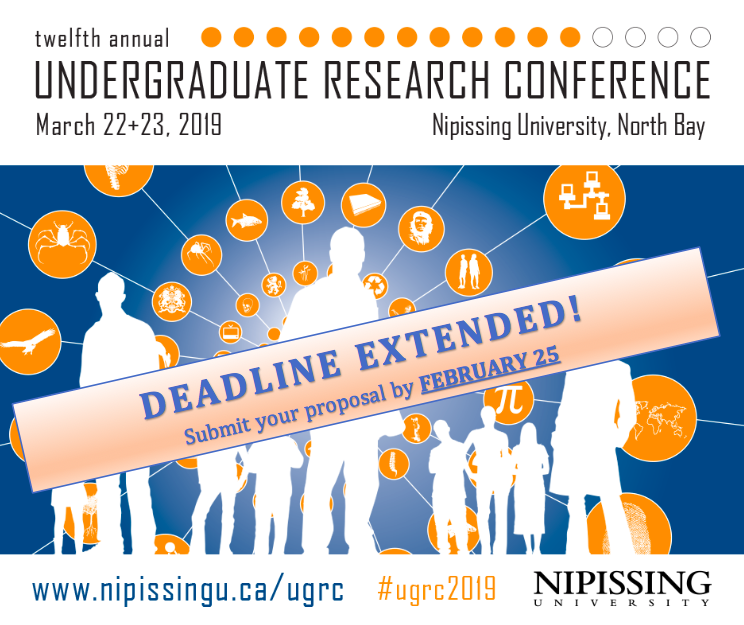 NuUgrc's tweet photo. DEADLINE EXTENDED! Submit your proposal for the @NipissingU Undergrad Conference no later than February 25! https://t.co/CQ6GlT4DO4 https://t.co/owspzHSaM0