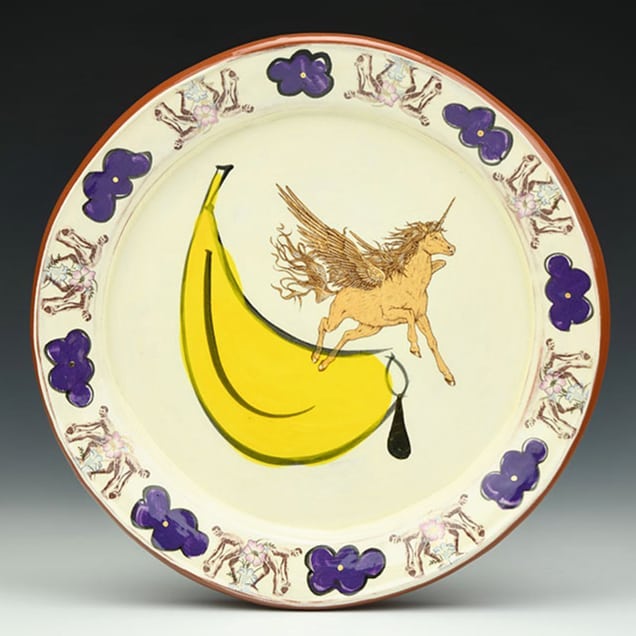 CharlieCGallery's tweet image. The adventures of a flying unicorn in big banana land - Salad/Lunch Plate by wes_harvey1 available on our site #wesleyharvey #wingedunicorn