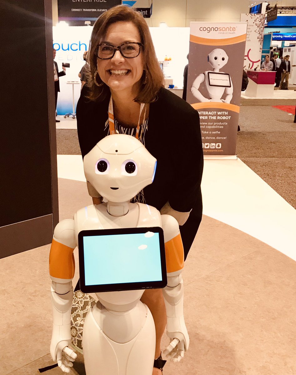 MasercolaWrites's tweet photo. Pepper, my new #AI friend who is about the size of a preschooler but *much* more helpful @Cognosante #SmartHIT https://t.co/uzQtPRetPH