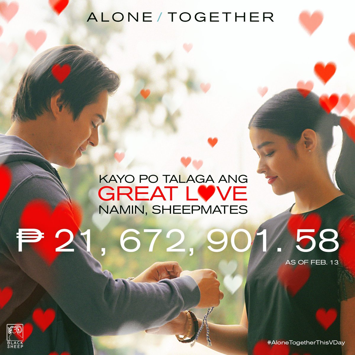 Director Antoinette Jadaone’s new movie Alone/Together starring Liza Soberano and Enrique Gil garners
P21,672,901.58 Million on it’s first day!
 
Proving this tandem is one of ABSCBN’s Golden treasure.

 #AloneTogetherThisVDay