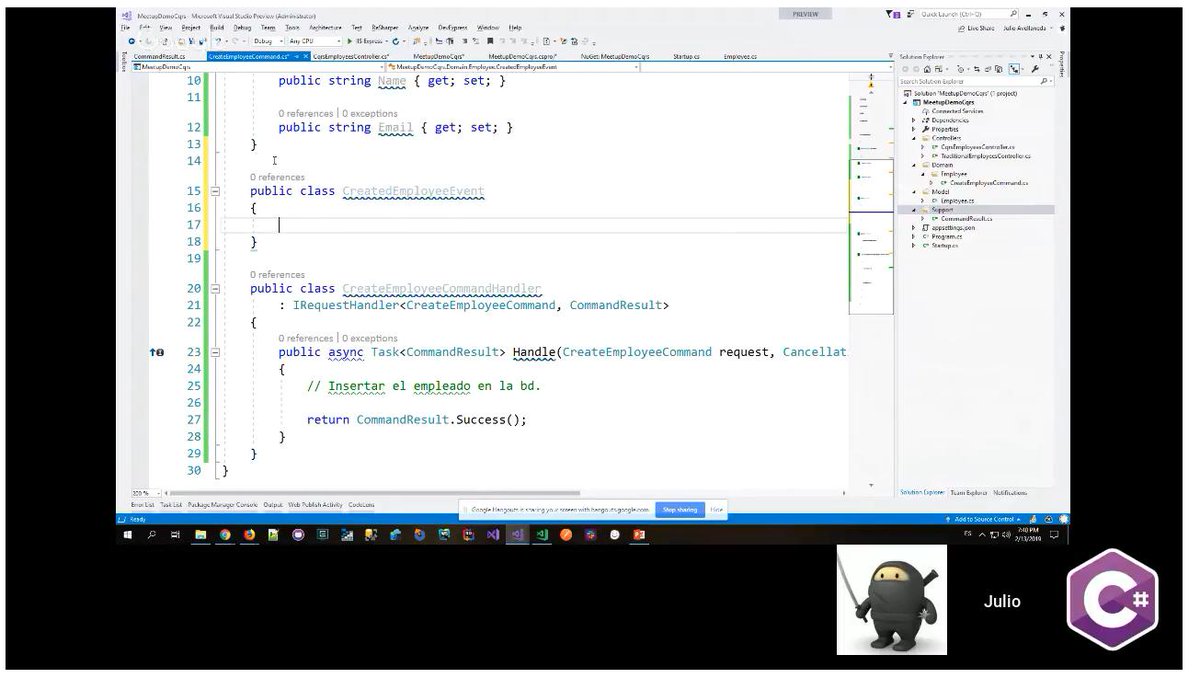 CSharpCo's tweet image. Creando un evento en #CQRS en #DotNet por @julitogtu en su charla de #CSharpCoLive: youtu.be/W3JJ6eXoiuY #CSharpCo