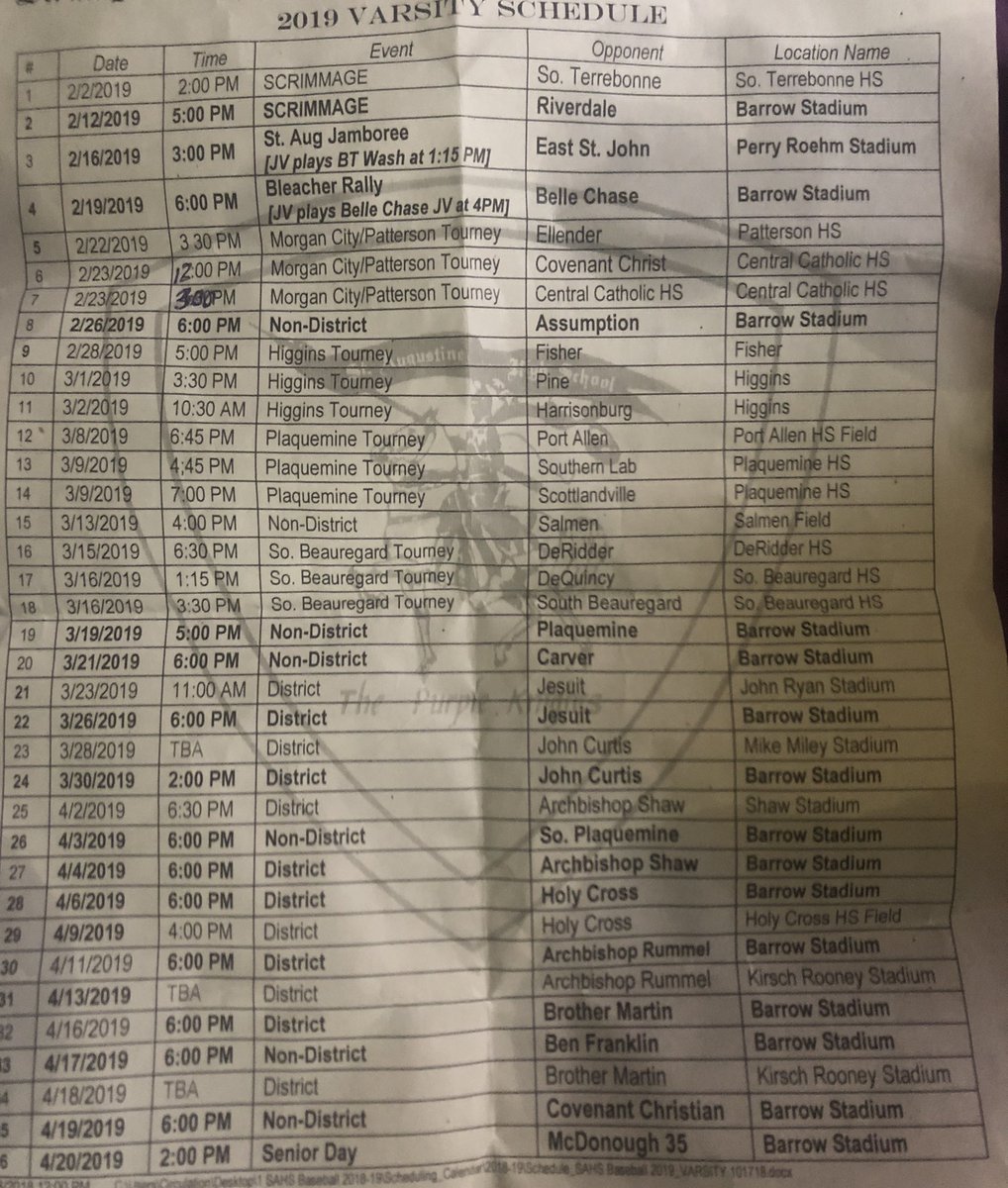 2019 St.Augustine High School baseball varsity schedule 💜💜⚾️