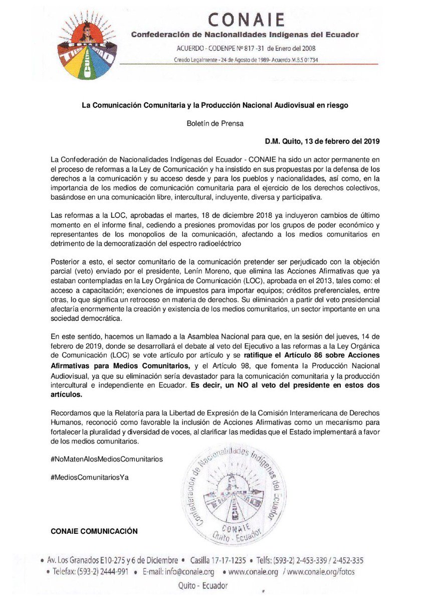 ApawkiCastro's tweet photo. Desde @CONAIE_Ecuador exhortamos a @AsambleaEcuador para que se vote artículo por artículo el veto del Ejecutivo a #ReformasLOC y se ratifique Art. 86 sobre #AccionesAfirmativas para #MediosComunitariosYA, y Art. 98, que fomenta la Producción Nacional Audiovisual.
#SomosCONAIE https://t.co/5D5id0dzD6